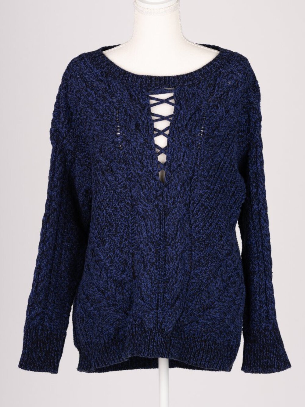 Express Lace Up Front Cable Knit Sweater Marled Blue Black Small EUC
